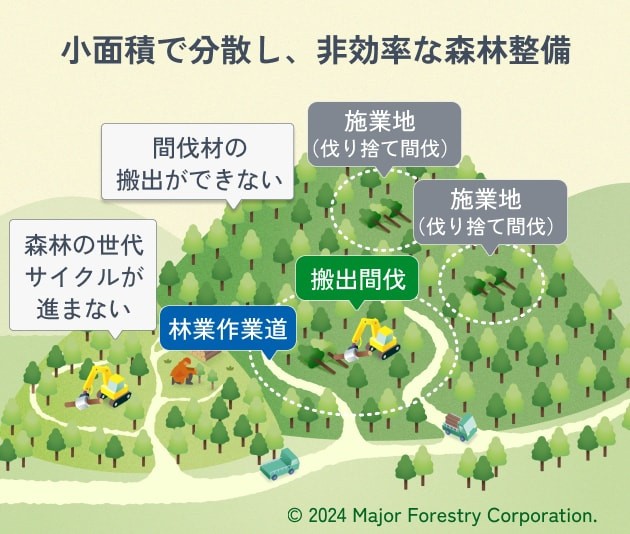 イラスト：小面積で分散し、非効率な森林設備。林業作業道が少なく、施行地（切り捨て間伐）が点在する。森林の世代サイクルが進まない。